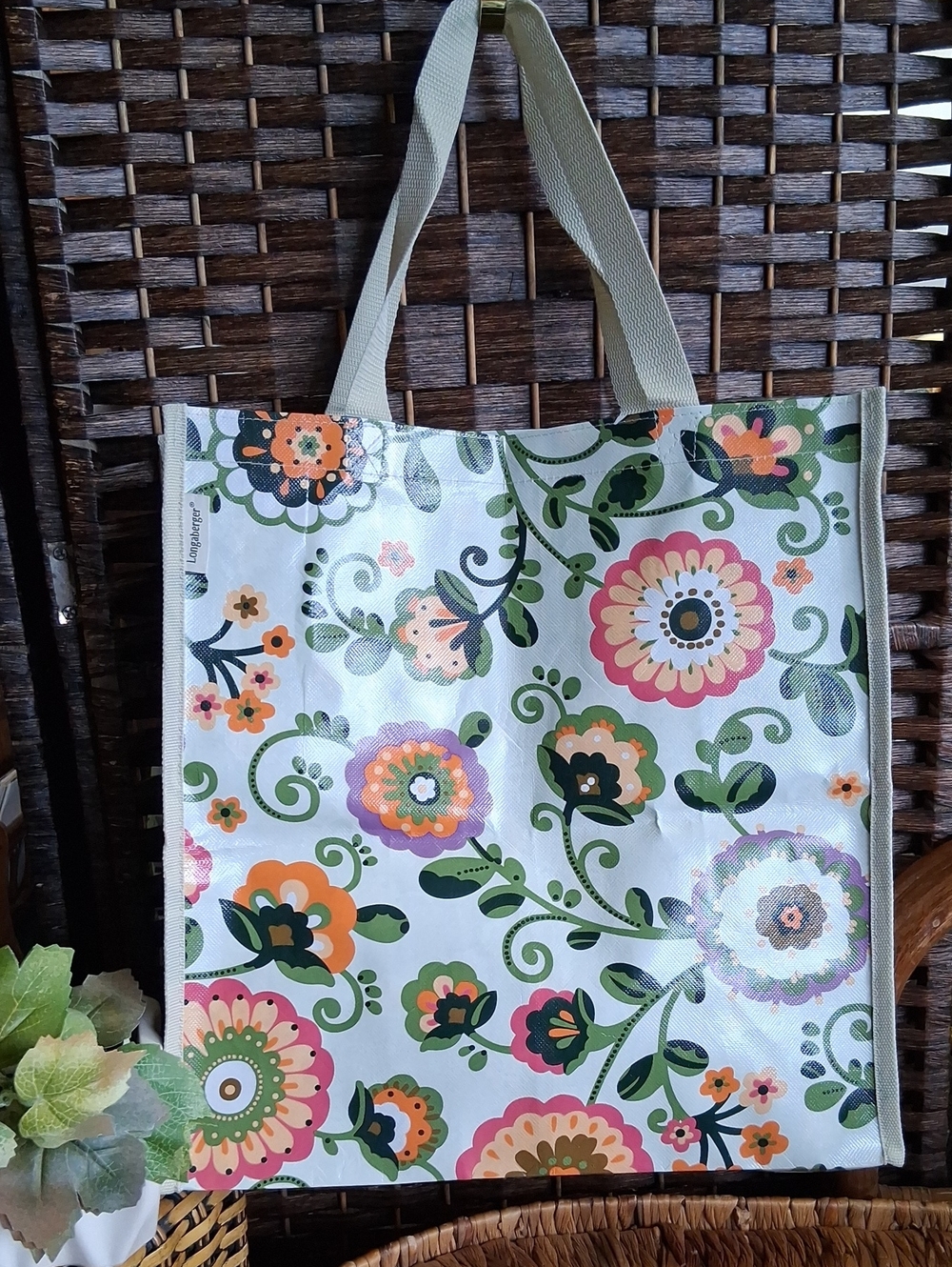 Longaberger Floral Tote - White with Green, Pink, Orange Accents